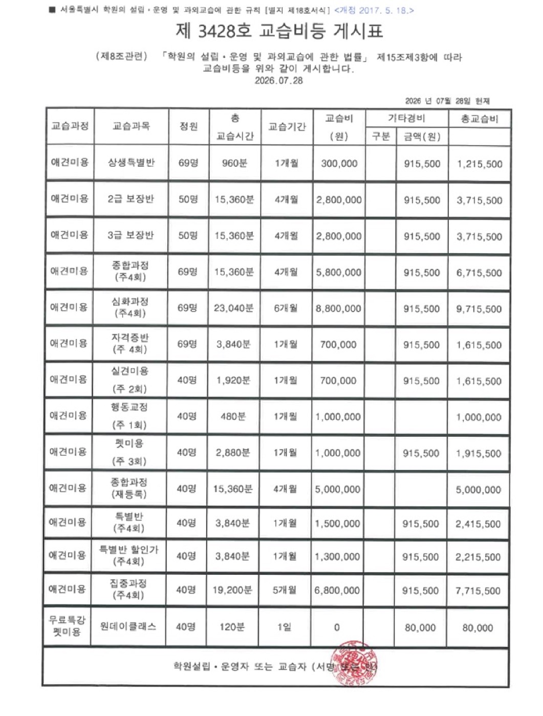 종로 캠퍼스 교습비등 게시표